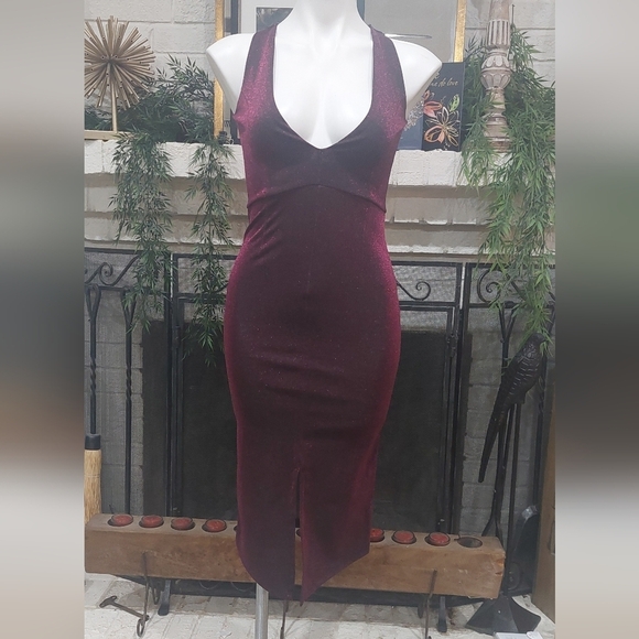 ASOS Plunge Neckline Sleevless Cocktail Dress Sz 0 Going Out Metallic Wine Dress - Picture 5 of 15